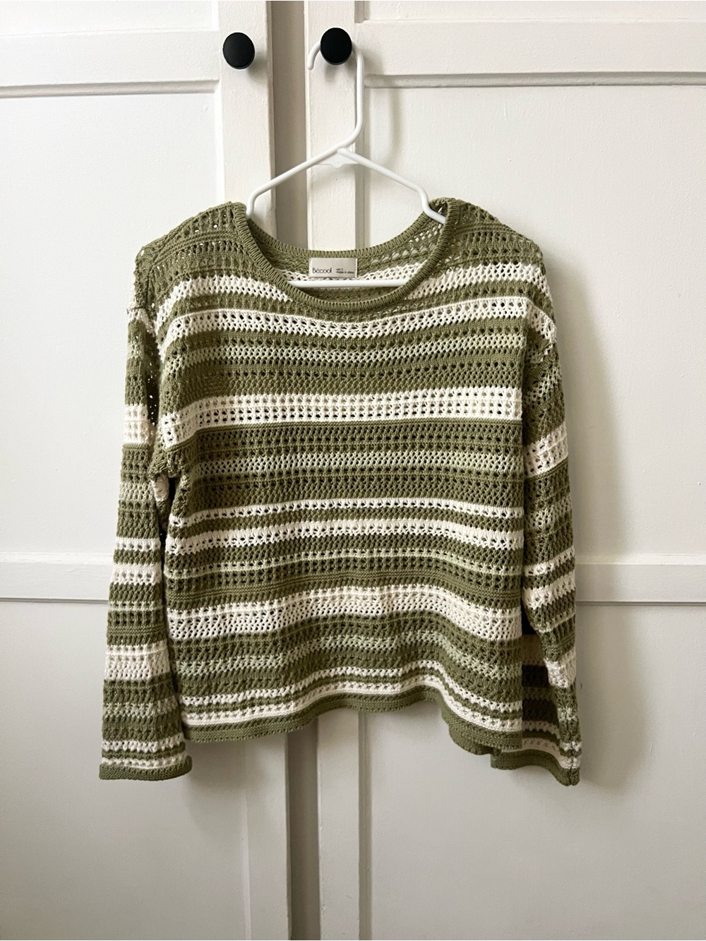 Olive & Cream Striped Open-Knit Sweater Long Sleeve Top